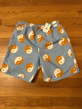 Cotton on kids Boys Light Blue Swim Trunks with Orange Yin Yang Print